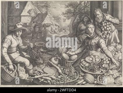 Marktcène and the rest on the flight to Egypt, Jacob Matham, after Pieter Aertsen, 1603 print Vegetable sellers in their display. On the left a man with a chicken and a basket with eggs. In the background the rest on the flight to Egypt (Matt. 2:14). Print from a series of five prints with kitchen and market pieces combined with biblical scenes in the background. Haarlem paper engraving stall, booth ( market). vegetables. kitchen-interior with foodstuffs in foreground (Dutch: 'keukenstuk'). rest on the flight into Egypt Stock Photo