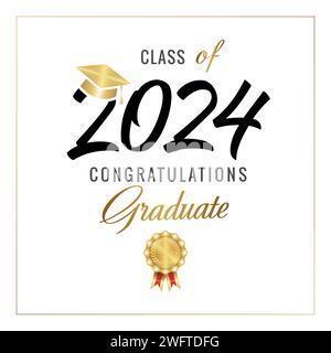 Class of 2024 congratulations graduate certificate concept. Diploma design. School banner. Black and gold elements. Shiny golden medal and square cap. Stock Vector