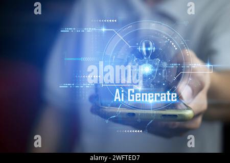 Ai Generate  Ai tech, businessman show virtual graphic Global Internet connect Chat with AI, Artificial Intelligence. using command prompt for generat Stock Photo