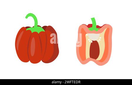 Set of red bell pepper whole and half cut. Isolated on white background. Flat cartoon style drawing. Stock Vector
