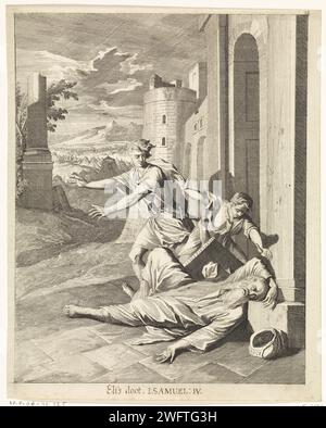 Eli's Death, Caspar Luyken, 1708 print  Nuremberg paper etching Eli, hearing of the capture of the ark, falls from his seat and dies Stock Photo