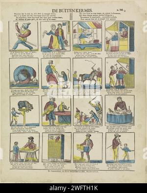 De Buitenkermis, 1828 - 1913 print Leaf with 16 fairground scenes, including representations of a dancing monkey, a flexible man and dogs that can do tricks. Under each image a two -way verse in Dutch and in French. Numbered at the top right: n. 80. B. Amsterdampublisher: Turnhout paper letterpress printing circus animals. acrobat  circus. bears (circus performance). pleasure fair and circus. circus performance with trained animals (monkeys, elephants, bears, lions and tigers, horses, dogs, dolphins, seals, fleas) Stock Photo