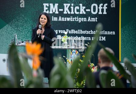 Berlin, Germany. 01st Feb, 2024. Annalena Baerbock (Bündnis 90/Die Grünen), Foreign Minister, speaks during the dispatch of soccer ambassadors from the Federal Foreign Office for UEFA EURO 2024. The next European Football Championship (UEFA EURO 2024) will take place in Germany between June 14, 2024 and July 14, 2024. Credit: Bernd von Jutrczenka/dpa/Alamy Live News Stock Photo