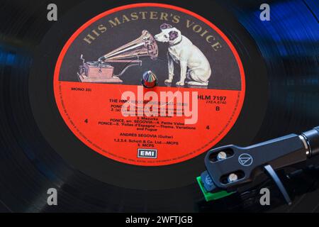 The Art of Segovia The HMV Recordings 1927-39 vinyl record album LP with tonearm, cartridge, headshell and stylus on turntable record player Stock Photo