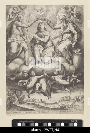 Kroning Van Maria, Agostino Carracci, After Orazio Samacchini, After Lorenzo Sabatini, c. 1579 - c. 1581 print The kneeling Mary is crowned by God the Father and Christ on clouds. Above the crown, the Holy Spirit floats in the form of a pigeon. The clouds are worn by putti. Under a landscape. Text in STUDMARGE. Italy paper engraving the Christ-child crowning Mary  Madonna-representations Stock Photo