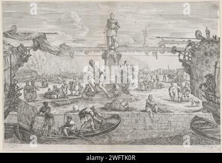 Standbeeld Van Ferdinand I in De Haven Van Livorno, Stefano Della Bella, After Giovanni Di Benedetto Bandini, After Pietro Tacca, 1655 print View of the port of Livorno with the statue of Ferdinand I, Grand Duke of Tuscany, with on the corners the images of the four slavy 'Moors' (I Quattro Mori). On the quay there are traders, port workers and sailors. Left and right two backs of moored ships. print maker: Italyafter own design by: Italyafter sculpture by: Livornoafter sculpture by: Livorno paper etching harbour. piece of sculpture, reproduction of a piece of sculpture. dock labourer. merchan Stock Photo