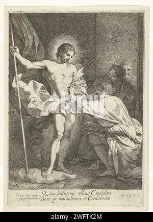 Unbelief of Tomas, Gerard de Lairesse, 1670 print Biblical show from Joh. 20: 24-31. Christ has appeared on the apostle Tomas and let him touch the wound in his side. Tomas is kneeling for Christ with a book, two other apostles are surprised in the background. Amsterdam paper etching the incredulity of Thomas Stock Photo