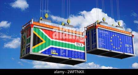 Shipping containers with flags of South Africa and European Union - 3D illustration Stock Photo