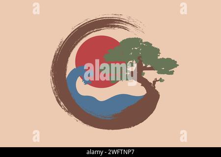 Japanese landscape on Enso Zen Circle, Bonsai Tree and big red sun, hand-drawn with colorful ink in traditional oriental style sumi-e, Vector logo Stock Vector