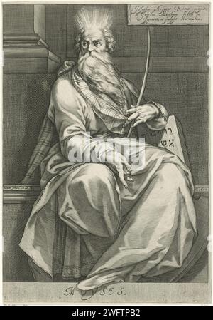 Mozes, Jacob Matham, After Giuseppe Cesari, 1602 print Seated Moses with the prayer tables. First print from a series of three. Haarlem paper engraving Moses (not in biblical context); possible attributes: rays of light or horns on his head, rod, Tables of the Law Stock Photo
