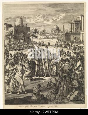 Jona predicts the downfall of Nineve, Jan Luyken, 1708 print  Amsterdam paper etching when Jonah arrives in the city of Nineveh he foretells its destruction in forty days Stock Photo