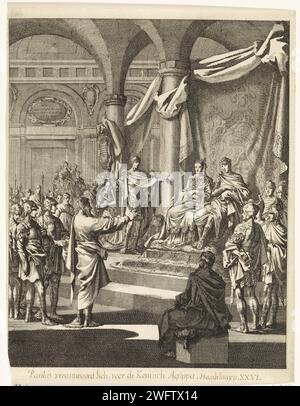 Paul's chained for King Agrippa, Jan Luyken, 1708 print  Amsterdam paper etching Paul before Festus, King Agrippa and Queen Bernice Stock Photo