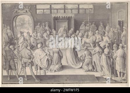 Solomon receives the queen of Seba, Nicolaes de Bruyn, 1621 print The queen of Seba kneels for King Solomon in his throne room. Six lions on either side of the throne of Solomon. Rotterdam paper engraving the queen of Sheba before Solomon, testing him with questions Stock Photo