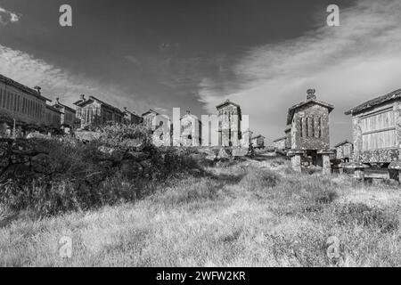 Lindoso granite old granaries, north of Portugal. Converted black and white. Stock Photo