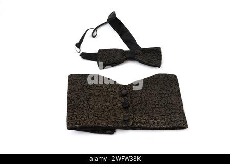 Black and Gold Bow Tie and Cummerbund Belt Stock Photo