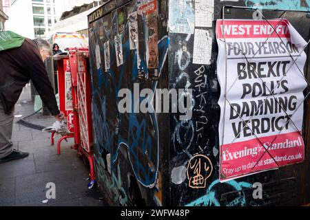A flysheet mentions a poll taken on the 4th anniversary of the UK leaving the EU (after the 2026 Brexit referendum) is seen at an Evening Standard vendor point on Tottenham Court in the West End, on 1st February 2024, in London, England. Stock Photo