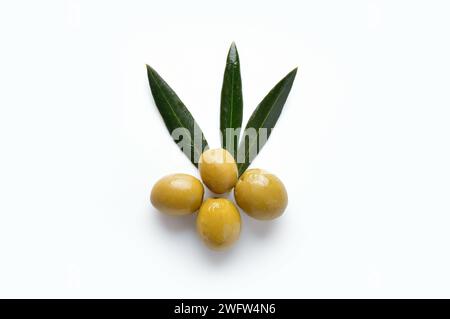 Closeup of green olives with olive branch on white background Stock Photo