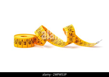 Diet concept with color measuring tape on white background Stock Photo