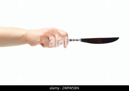Cropped shot of an unrecognizable Woman hands holding a knife isolated on a white background Stock Photo