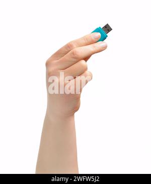 Cropped shot of an unrecognizable woman hand holding up a flash drive isolated on a white background Stock Photo