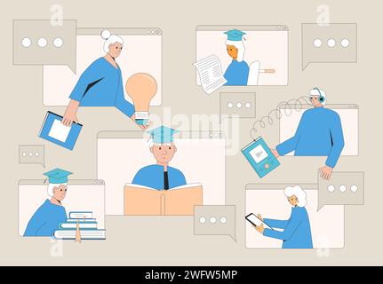 Elderly men and women learning online. Senior aged people education. Older adults students and graduates. Retirement science community. Vector illustr Stock Vector