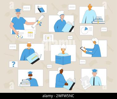 Retirement course community. Older adults students and graduates. Senior aged people education. Elderly men and women learning online. Happy retiremen Stock Vector