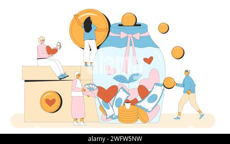 Volunteers group on charity event. Fundraising for non profit organization fund. Glass money jar, donation box with people giving financial support. V Stock Vector