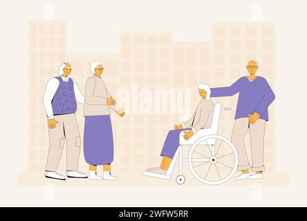 Elderly couples conversation. World senior citizens day. Older adult people standing together and communicating. Four elders men and women talk in the Stock Vector