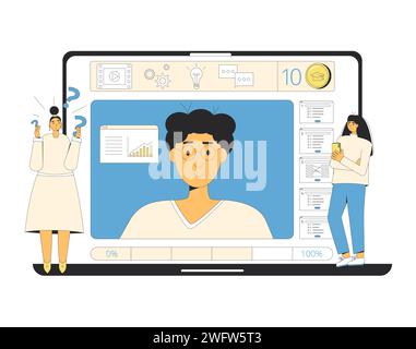 Online course, lesson or training. Teacher and students. Engagment and motivation in online education. Learning management system. Vector illustration Stock Vector