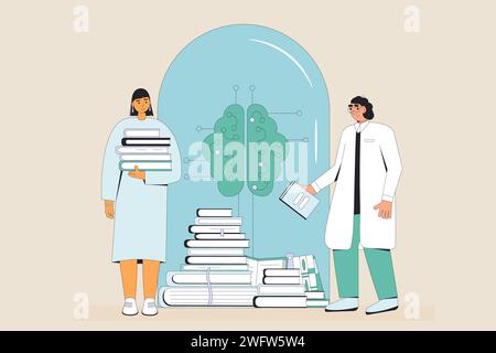 Artificial general intelligence research. Expertise and breakthroughs in computer science Data engineer and developer neuron network training AI model Stock Vector