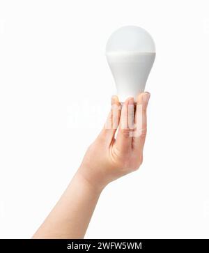 Cropped shot of an unrecognizable woman hand holding an energy saving lamp isolated on a white background Stock Photo