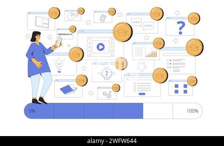 Gamification in education. Collect coins to achieve the learning outcomes Vector illustration. Stock Vector