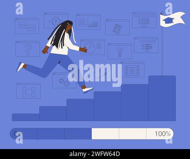 Gamification in learning progress. Student running up ladder for diploma. Engagment and motivation in education. Learning management system. Vector il Stock Vector