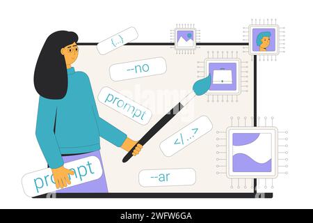 Text to image prompt engineering. Visual neuron network. Crafting precise instructions or queries that guide AI models to generate content. Artificial Stock Vector