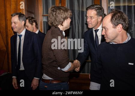 BRUSSELS - Outgoing Prime Minister Mark Rutte, Prime Minister of Belgium Alexander De Croo and President of the EU Ursula von der Leyen meet a delegation of farmers from different countries. Farmers protest in the Belgian capital, where the European summit is being held. The farmers are demonstrating against agricultural rules that they believe are too strict. ANP JONAS ROOSENS netherlands out - belgium out Stock Photo