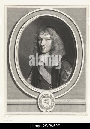 Portret Van Basile Fouquet, Robert Nanteuil, 1658 print Portrait of Basile Fouquet, with the Order of the Holy Spirit (Saint-Esprit) on his sleeve. An oval frame with a coat of arms at the bottom. France paper engraving Stock Photo