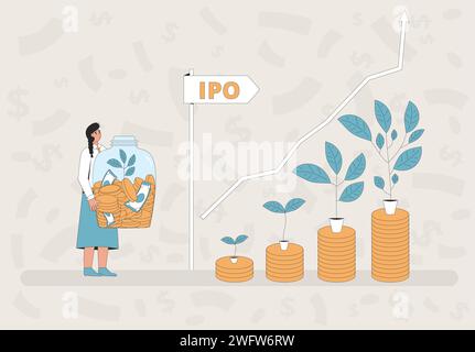 IPO Initial Public Offering. Stock investor. Young woman want to invest money in a new growth company. Vector modern flat illustration. Stock Vector