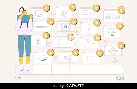 Gamification in learning progress. Engagment and motivation in online education. Vector illustration. Stock Vector