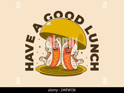 Have a good lunch. Mascot character illustration of two hot dog on the plate with happy face Stock Vector