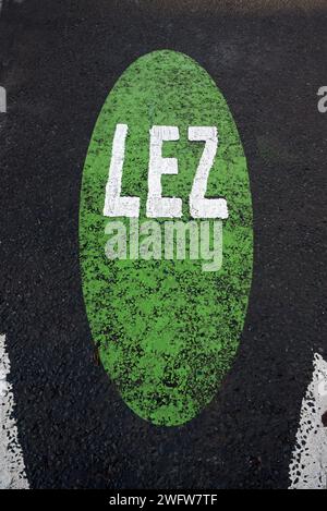 Low Emmision Zone LEZ road markings, due to come into force on June 1st  2024, on streets in the centre of Edinburgh, Scotland. Stock Photo