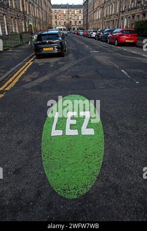 Low Emmision Zone LEZ road markings, due to come into force on June 1st  2024, on streets in the centre of Edinburgh, Scotland. Stock Photo