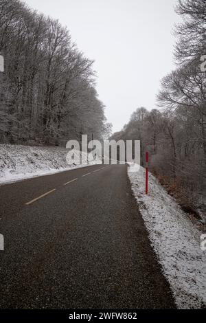 A mountain road winding through the forest in the morning amidst the winter season, the Pyrenees landscape in France Stock Photo
