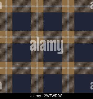 Plaid (tartan) seamless pattern. Gold, navy blue and gray stripes. Scottish, lumberjack and hipster fashion style. Stock Vector