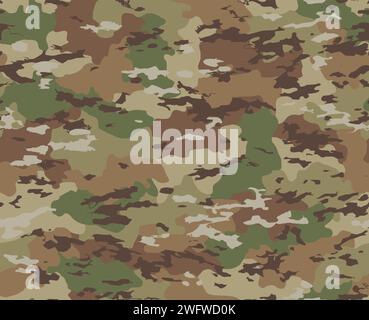 Camouflage seamless pattern incorporating various natural shapes of dark brown, light brown, olive green, light green, khaki and white. Stock Vector