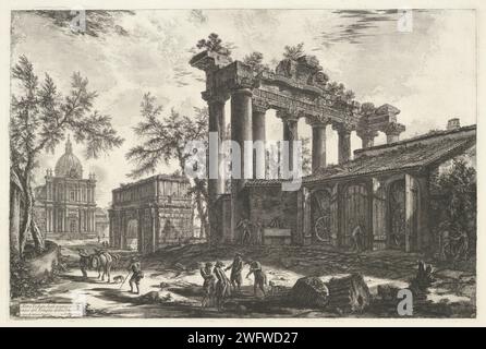 Tempel Van Saturnus Te Rome, Giovanni Battista Piranesi, 1748 - 1778 print View of the temple of Saturn on the Romanum forum in Rome. In the background the arch of Septimius Severus and the Santi Luca e Martina. Title and explanatory numbers in flat left. Rome paper etching church (exterior). Roman Catholic Church. temple, shrine  Roman religion. triumphal arch. landscape with ruins Santi Luca e Martina. Roman forum. Boog van Constantine. Tempel van Saturn. Rome Stock Photo