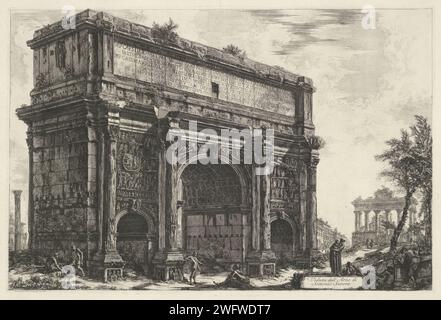 Boog van septimius severus te Rome, Giovanni Battista Piranesi, 1748 - 1778 print View of the arch of Septimius Severus on the Romanum forum in Rome. Title on block at the bottom right. Rome paper etching ruin of a building  architecture. triumphal arch Boog van Constantine. Roman forum. Rome Stock Photo