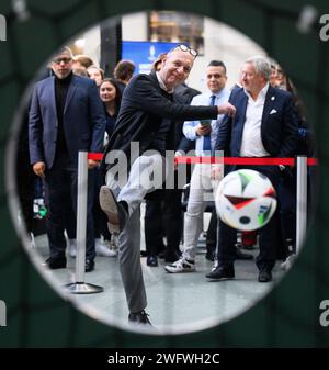 Berlin, Germany. 01st Feb, 2024. Bernd Neuendorf, President of the German Football Association (DFB), shoots at a goal wall during the sending of soccer ambassadors from the Federal Foreign Office for UEFA EURO 2024 by Foreign Minister Baerbock. The next European Football Championship (UEFA EURO 2024) will take place in Germany between 14.06.2024 and 14.07.2024. Credit: Bernd von Jutrczenka/dpa/Alamy Live News Stock Photo