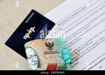 Indonesia NPWP new tax id Number card originally called Nomor Pokok Wajib Pajak. Used to carry out transactions related to taxation for Indonesian taxpayers. Stock Photo