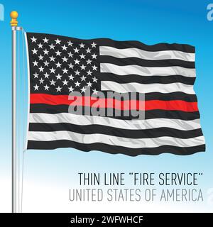 USA, thin line red waving flag, fire service symbol, United States, vector illustration Stock Vector