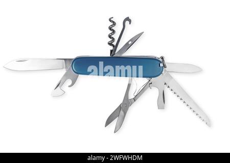 Multifunction army pocket folding knife isolated on white background Stock Photo